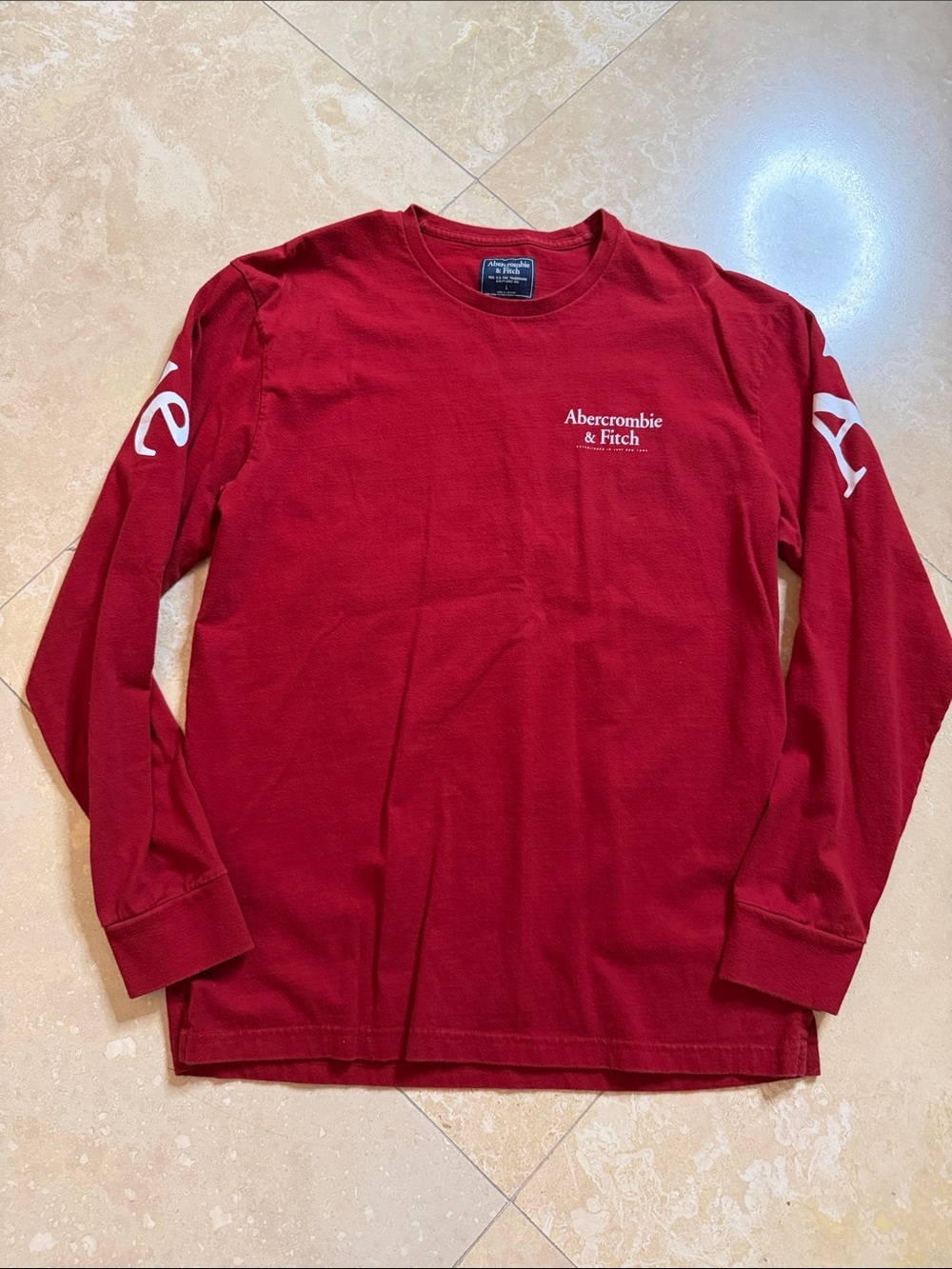 💙A&F Men's Long-Sleeve Crew Neck Shirt - Deep Red with White Logo💙